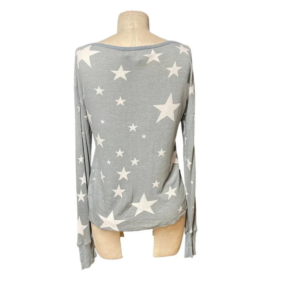 Wildfox Star Print Thermal Henley Long Sleeve Top Gray Size XS - Picture 5 of 8